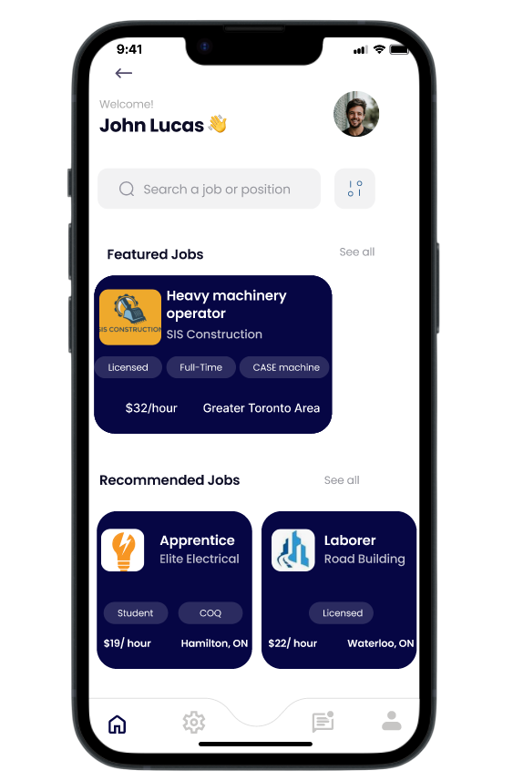 Mobile interface of Brixl trades hiring app showing featured and recommended jobs for trades workers.